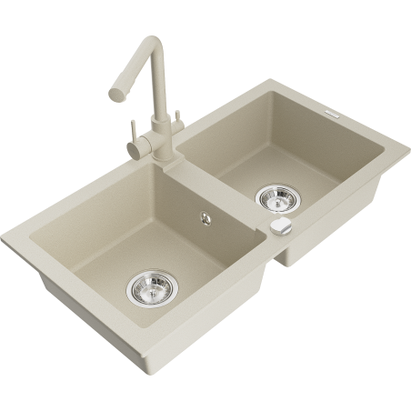 Mexen Mario zlewozmywak granitowy 2-komorowy z baterią kuchenną Duero, beżowy - 6504-69-671600-69