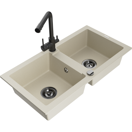 Mexen Mario zlewozmywak granitowy 2-komorowy z baterią kuchenną Duero, beżowy - 6504-69-671600-70