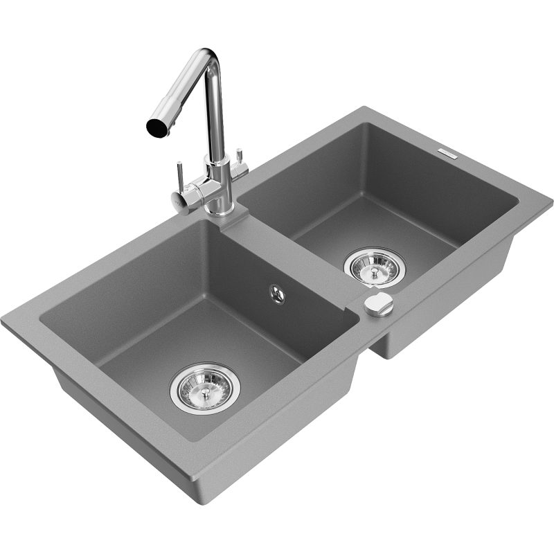 Mexen Mario zlewozmywak granitowy 2-komorowy z baterią kuchenną Duero, szary - 6504-71-671600-00