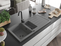 Mexen Andres zlewozmywak granitowy 1,5-komorowy z ociekaczem i baterią kuchenną Telma, szary - 6515-71-670200-70-B