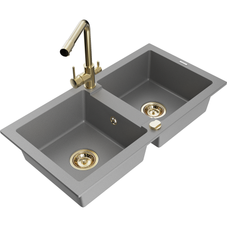 Mexen Mario zlewozmywak granitowy 2-komorowy z baterią kuchenną Duero, szary - 6504-71-671600-50