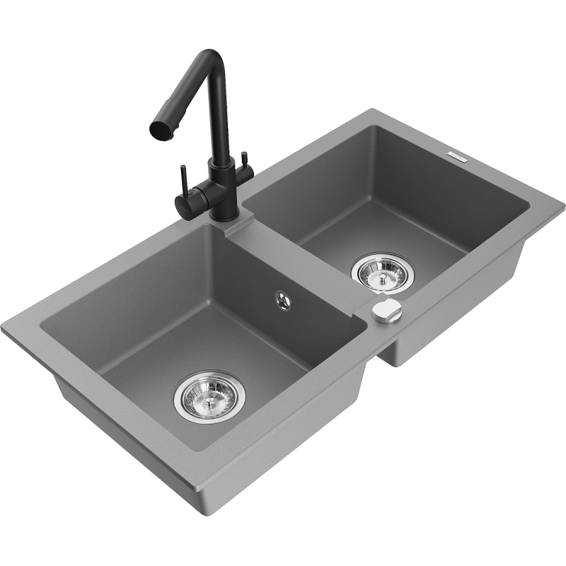 Mexen Mario zlewozmywak granitowy 2-komorowy z baterią kuchenną Duero, szary - 6504-71-671600-70