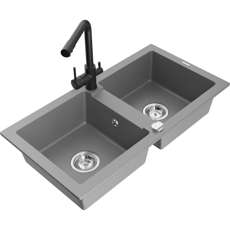 Mexen Mario zlewozmywak granitowy 2-komorowy z baterią kuchenną Duero, szary - 6504-71-671600-70