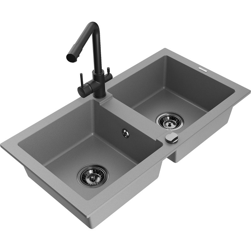 Mexen Mario zlewozmywak granitowy 2-komorowy z baterią kuchenną Duero, szary - 6504-71-671600-70-B
