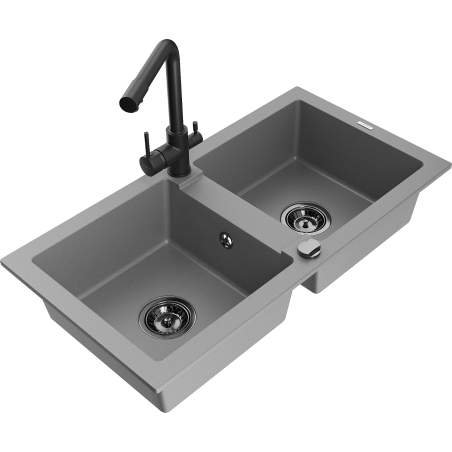 Mexen Mario zlewozmywak granitowy 2-komorowy z baterią kuchenną Duero, szary - 6504-71-671600-70-B