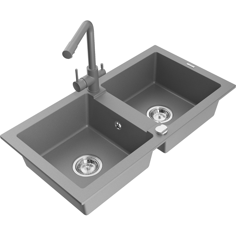 Mexen Mario zlewozmywak granitowy 2-komorowy z baterią kuchenną Duero, szary - 6504-71-671600-71