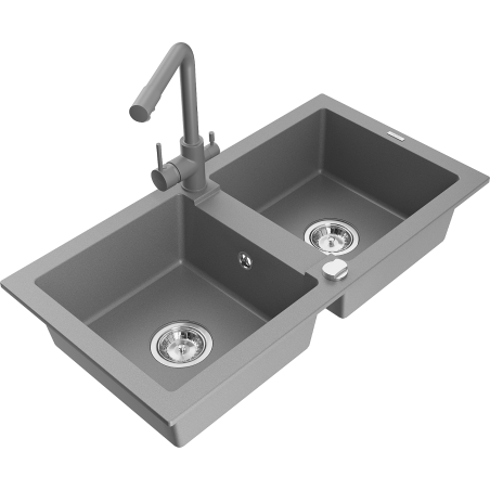 Mexen Mario zlewozmywak granitowy 2-komorowy z baterią kuchenną Duero, szary - 6504-71-671600-71