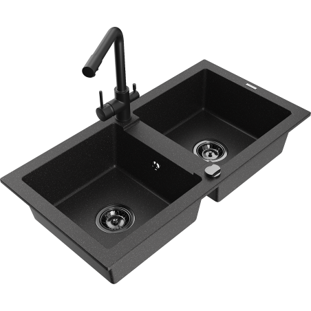 Mexen Mario zlewozmywak granitowy 2-komorowy z baterią kuchenną Duero, czarny/srebrny metalik - 6504-73-671600-70-B