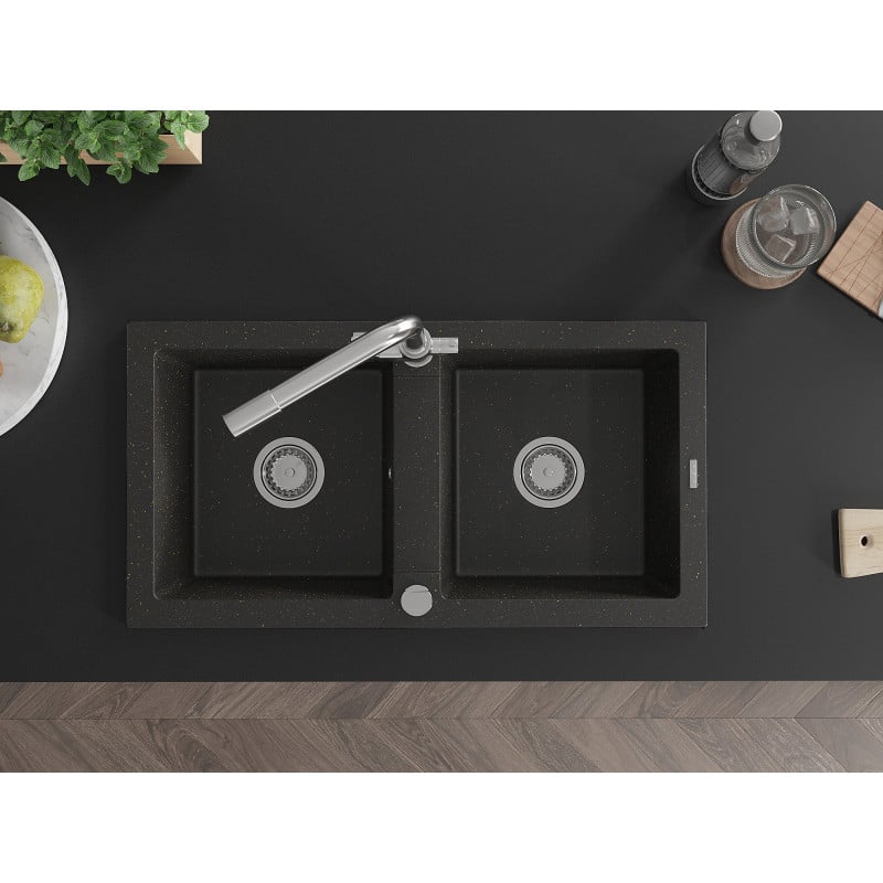 Mexen Mario zlewozmywak granitowy 2-komorowy z baterią kuchenną Duero, czarny/złoty metalik - 6504-75-671600-00