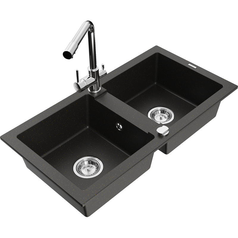 Mexen Mario zlewozmywak granitowy 2-komorowy z baterią kuchenną Duero, czarny/złoty metalik - 6504-75-671600-00