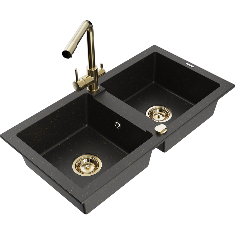 Mexen Mario zlewozmywak granitowy 2-komorowy z baterią kuchenną Duero, czarny/złoty metalik - 6504-75-671600-50