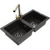 Mexen Mario zlewozmywak granitowy 2-komorowy z baterią kuchenną Duero, czarny/złoty metalik - 6504-75-671600-50-B