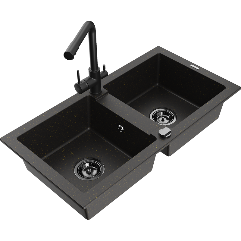 Mexen Mario zlewozmywak granitowy 2-komorowy z baterią kuchenną Duero, czarny/złoty metalik - 6504-75-671600-70-B