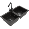 Mexen Mario zlewozmywak granitowy 2-komorowy z baterią kuchenną Duero, czarny/złoty metalik - 6504-75-671600-70-B