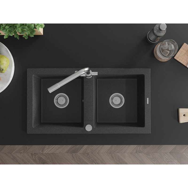 Mexen Mario zlewozmywak granitowy 2-komorowy z baterią kuchenną Duero, czarny nakrapiany - 6504-76-671600-00