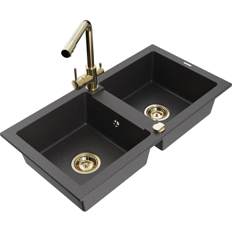 Mexen Mario zlewozmywak granitowy 2-komorowy z baterią kuchenną Duero, czarny nakrapiany - 6504-76-671600-50