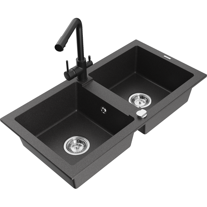 Mexen Mario zlewozmywak granitowy 2-komorowy z baterią kuchenną Duero, czarny nakrapiany - 6504-76-671600-70
