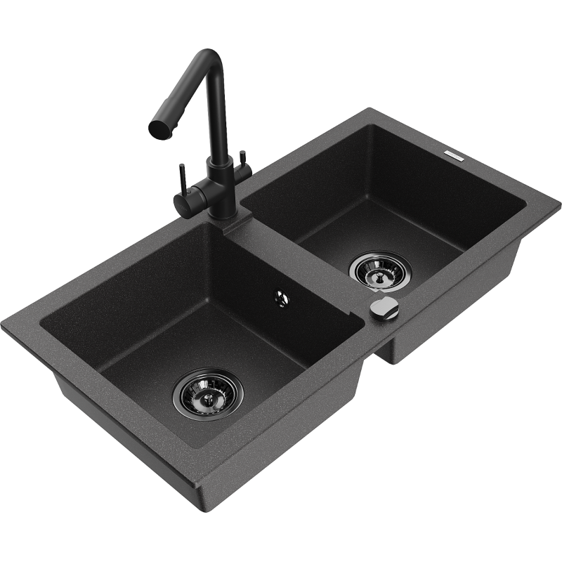 Mexen Mario zlewozmywak granitowy 2-komorowy z baterią kuchenną Duero, czarny nakrapiany - 6504-76-671600-70-B