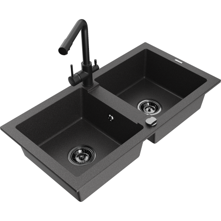 Mexen Mario zlewozmywak granitowy 2-komorowy z baterią kuchenną Duero, czarny nakrapiany - 6504-76-671600-70-B