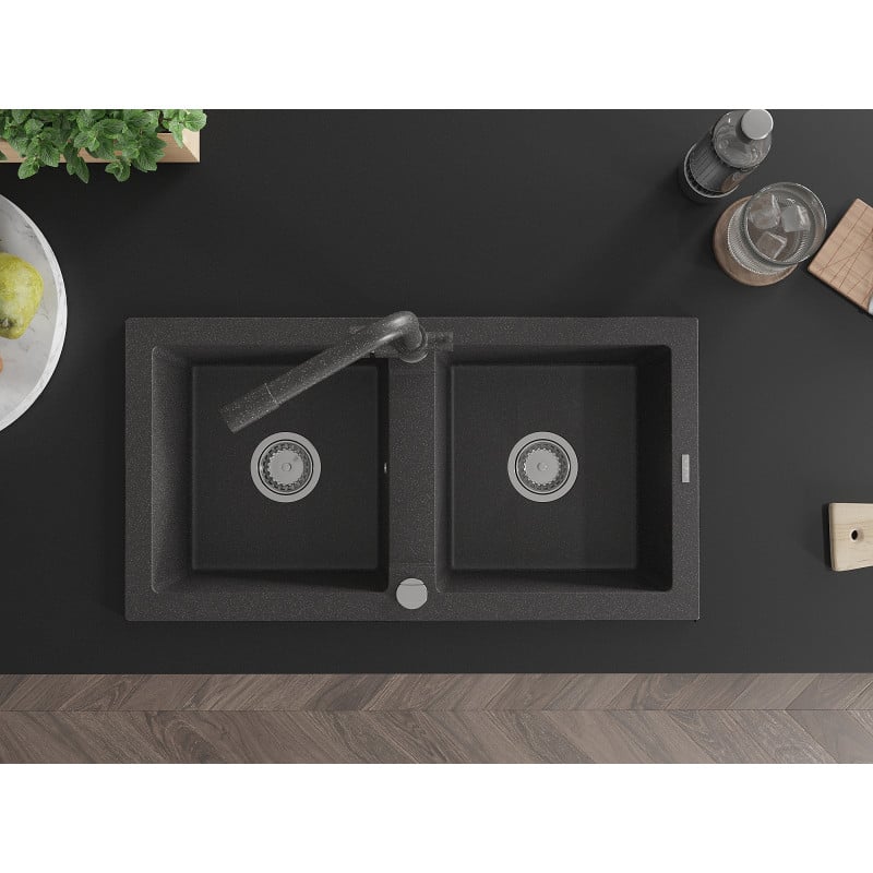 Mexen Mario zlewozmywak granitowy 2-komorowy z baterią kuchenną Duero, czarny nakrapiany - 6504-76-671600-76