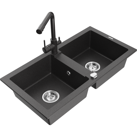 Mexen Mario zlewozmywak granitowy 2-komorowy z baterią kuchenną Duero, czarny nakrapiany - 6504-76-671600-76