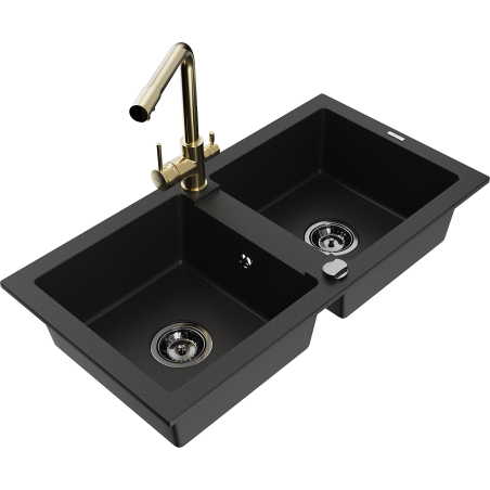 Mexen Mario zlewozmywak granitowy 2-komorowy z baterią kuchenną Duero, czarny - 6504-77-671600-50-B