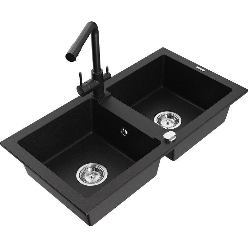 Mexen Mario zlewozmywak granitowy 2-komorowy z baterią kuchenną Duero, czarny - 6504-77-671600-70