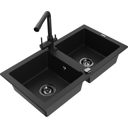 Mexen Mario zlewozmywak granitowy 2-komorowy z baterią kuchenną Duero, czarny - 6504-77-671600-70-B