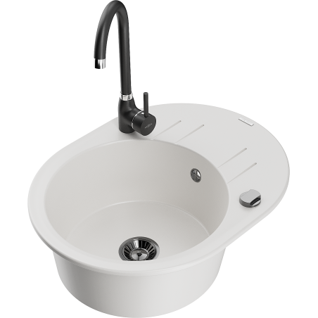 Mexen Kevin zlewozmywak granitowy 1-komorowy z ociekaczem i baterią kuchenną Telma, biały - 6517-20-670200-70