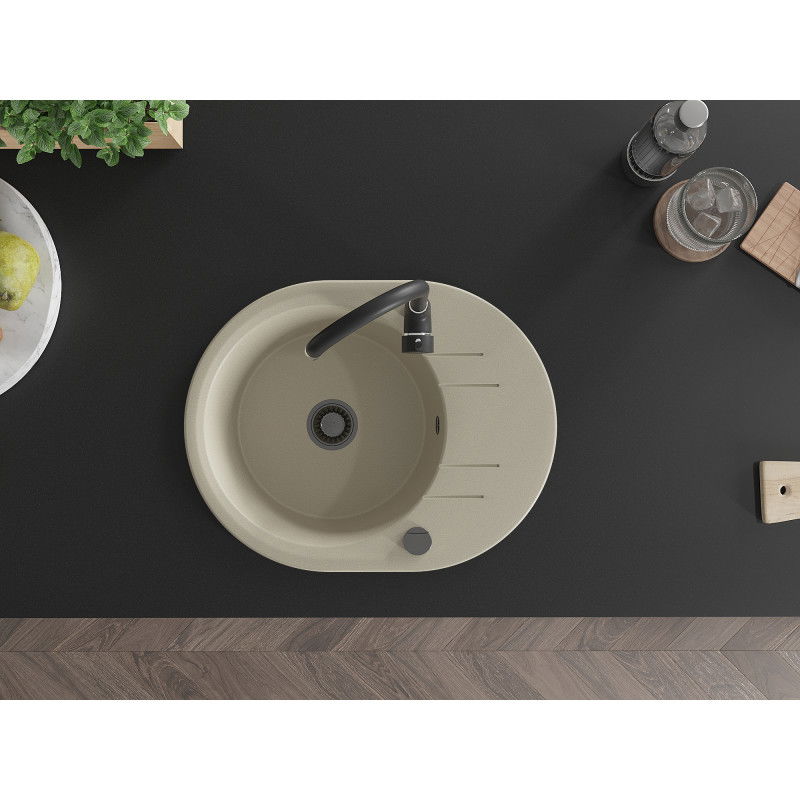 Mexen Kevin zlewozmywak granitowy 1-komorowy z ociekaczem i baterią kuchenną Telma, beżowy - 6517-69-670200-70