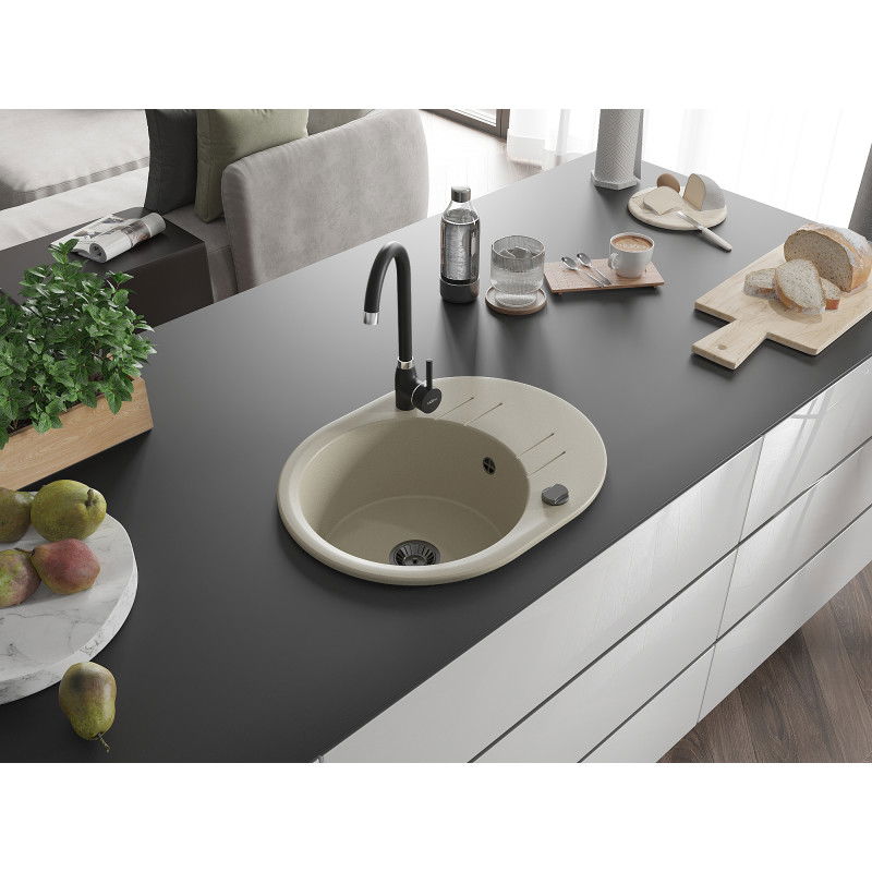 Mexen Kevin zlewozmywak granitowy 1-komorowy z ociekaczem i baterią kuchenną Telma, beżowy - 6517-69-670200-70