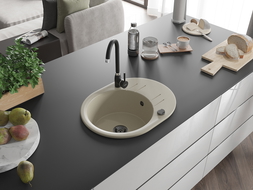 Mexen Kevin zlewozmywak granitowy 1-komorowy z ociekaczem i baterią kuchenną Telma, beżowy - 6517-69-670200-70