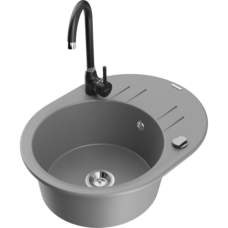 Mexen Kevin zlewozmywak granitowy 1-komorowy z ociekaczem i baterią kuchenną Telma, szary - 6517-71-670200-70