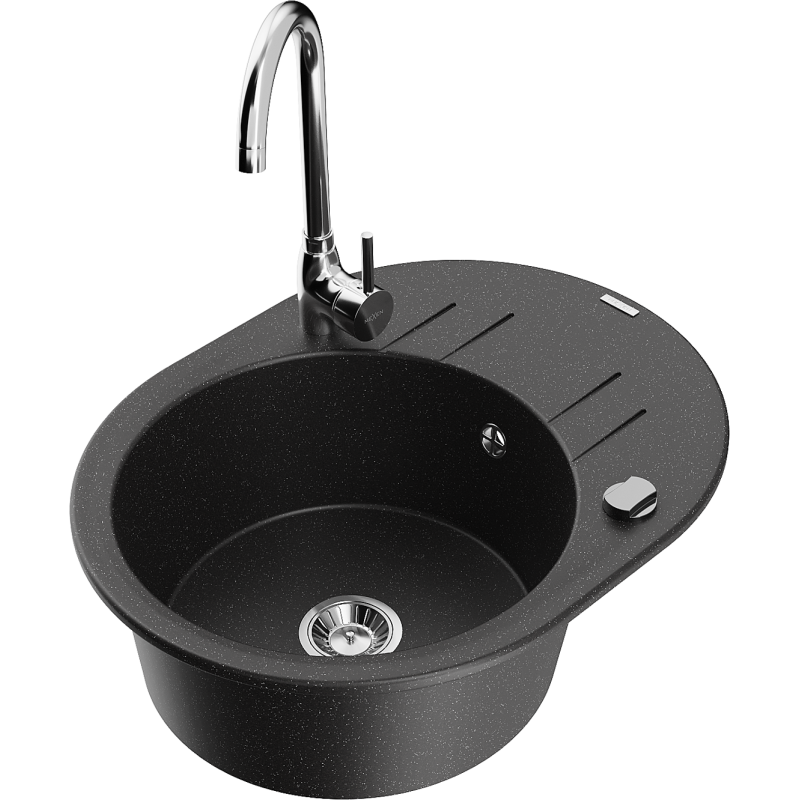 Mexen Kevin zlewozmywak granitowy 1-komorowy z ociekaczem i baterią kuchenną Telma, czarny/srebrny metalik - 6517-73-670200-00