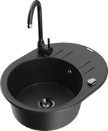 Mexen Kevin zlewozmywak granitowy 1-komorowy z ociekaczem i baterią kuchenną Telma, czarny/srebrny metalik - 6517-73-670200-70-B