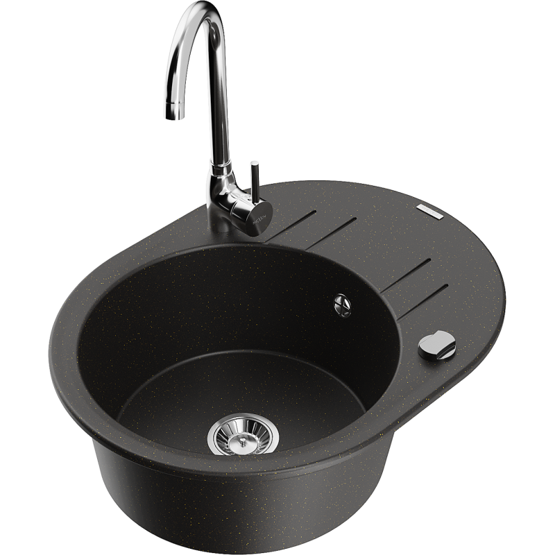 Mexen Kevin zlewozmywak granitowy 1-komorowy z ociekaczem i baterią kuchenną Telma, czarny/złoty metalik - 6517-75-670200-00