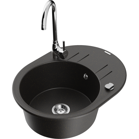 Mexen Kevin zlewozmywak granitowy 1-komorowy z ociekaczem i baterią kuchenną Telma, czarny/złoty metalik - 6517-75-670200-00