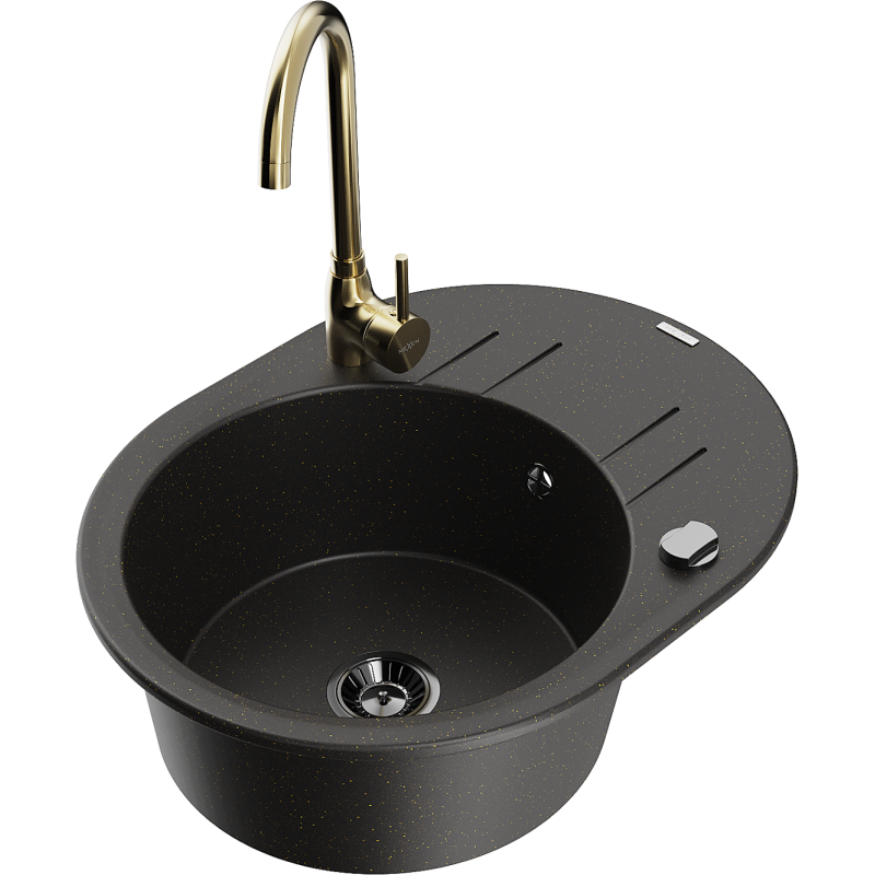 Mexen Kevin zlewozmywak granitowy 1-komorowy z ociekaczem i baterią kuchenną Telma, czarny/złoty metalik - 6517-75-670200-50-B