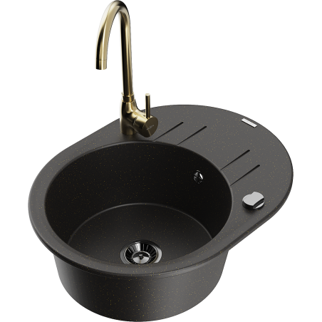 Mexen Kevin zlewozmywak granitowy 1-komorowy z ociekaczem i baterią kuchenną Telma, czarny/złoty metalik - 6517-75-670200-50-B