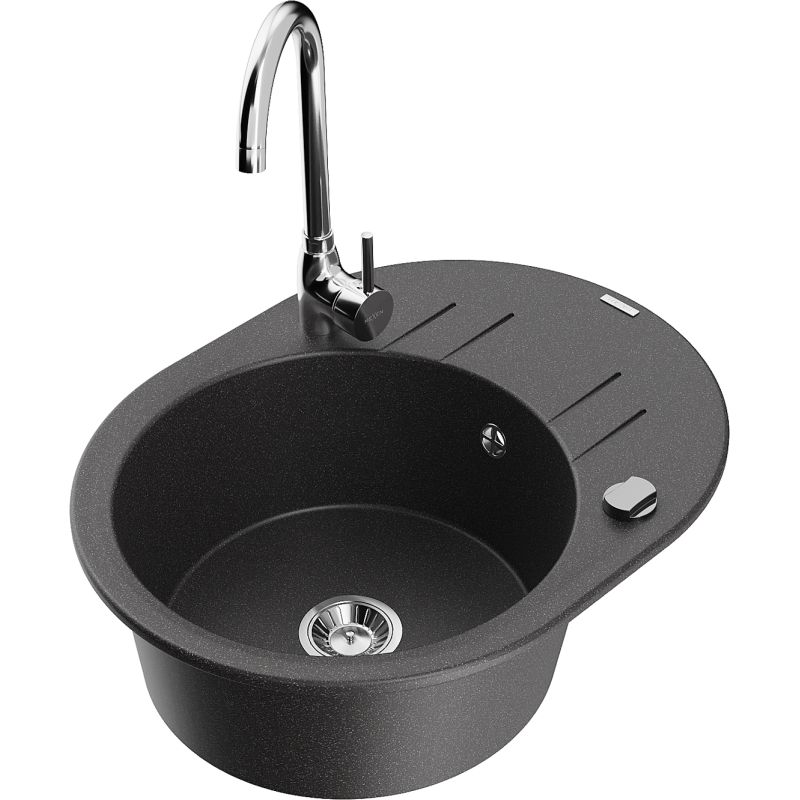 Mexen Kevin zlewozmywak granitowy 1-komorowy z ociekaczem i baterią kuchenną Telma, czarny nakrapiany - 6517-76-670200-00