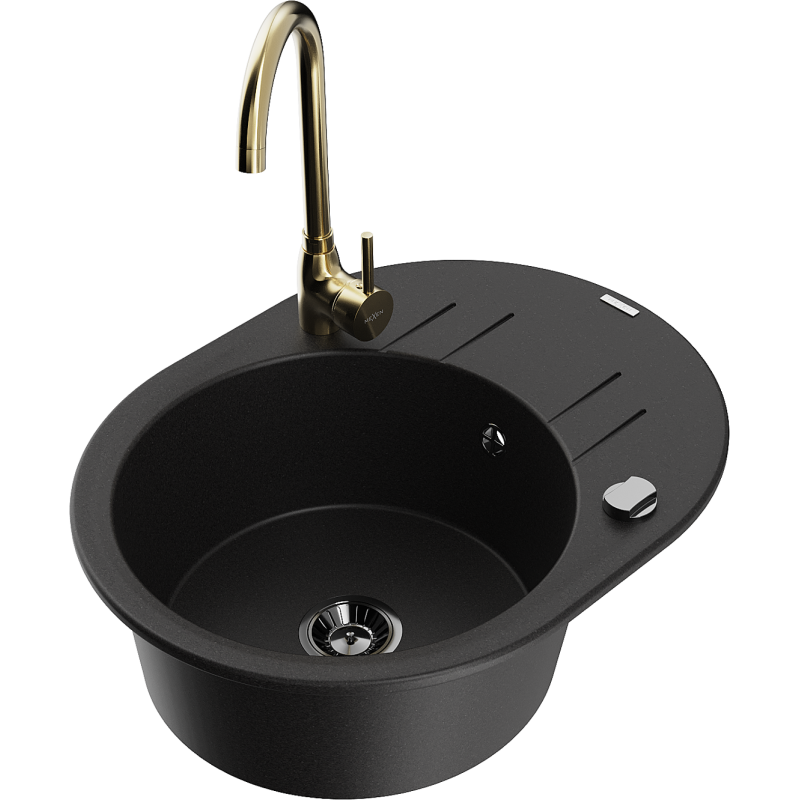 Mexen Kevin zlewozmywak granitowy 1-komorowy z ociekaczem i baterią kuchenną Telma, czarny - 6517-77-670200-50-B