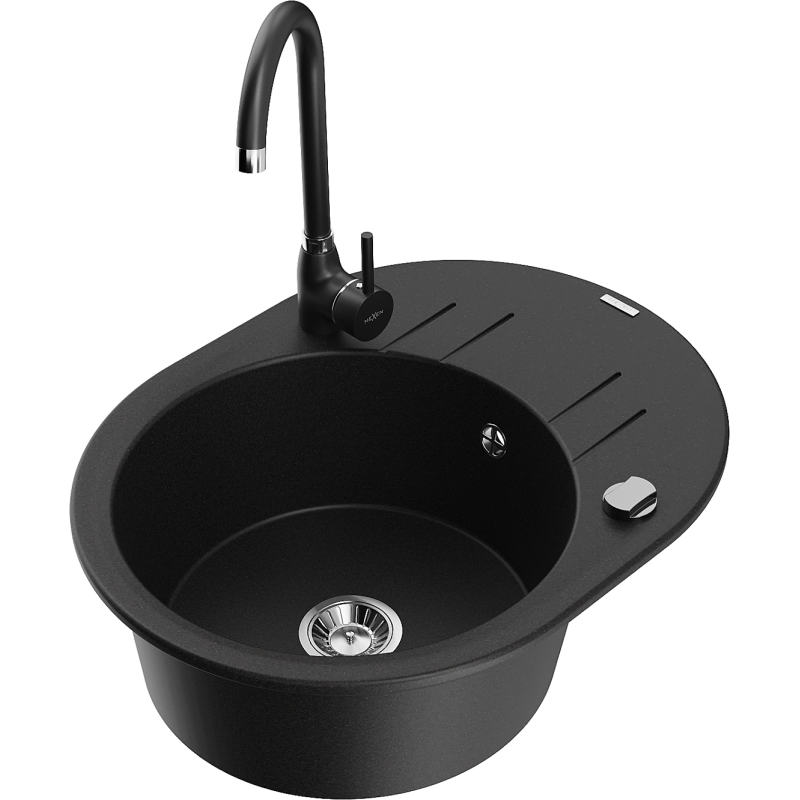 Mexen Kevin zlewozmywak granitowy 1-komorowy z ociekaczem i baterią kuchenną Telma, czarny - 6517-77-670200-70