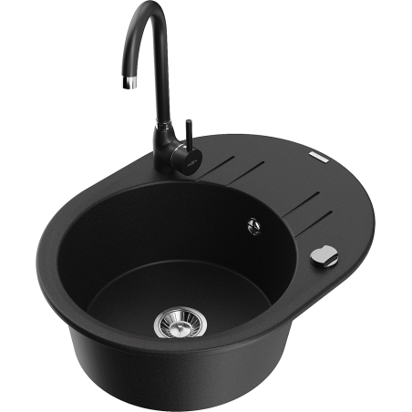 Mexen Kevin zlewozmywak granitowy 1-komorowy z ociekaczem i baterią kuchenną Telma, czarny - 6517-77-670200-70