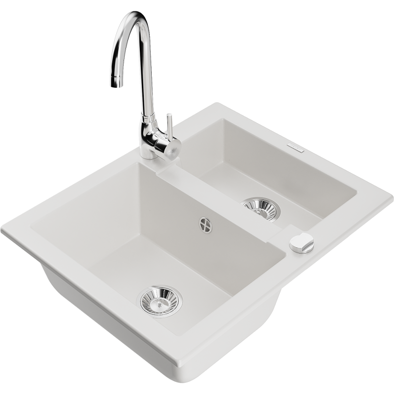 Mexen Carlos zlewozmywak granitowy 1,5-komorowy z baterią kuchenną Telma, biały - 6518-20-670200-00