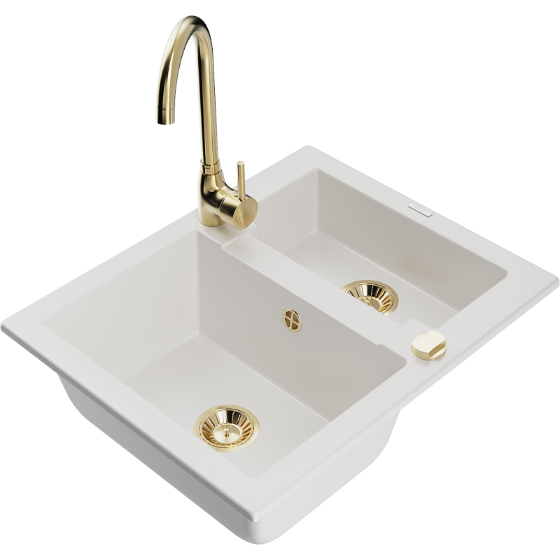 Mexen Carlos zlewozmywak granitowy 1,5-komorowy z baterią kuchenną Telma, biały - 6518-20-670200-50