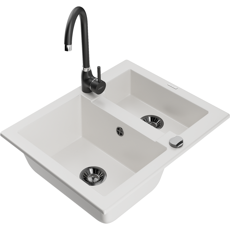 Mexen Carlos zlewozmywak granitowy 1,5-komorowy z baterią kuchenną Telma, biały - 6518-20-670200-70