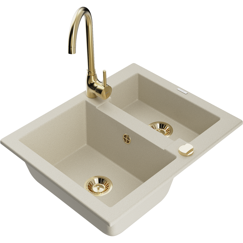 Mexen Carlos zlewozmywak granitowy 1,5-komorowy z baterią kuchenną Telma, beżowy - 6518-69-670200-50