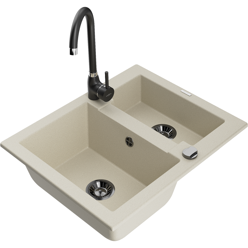 Mexen Carlos zlewozmywak granitowy 1,5-komorowy z baterią kuchenną Telma, beżowy - 6518-69-670200-70