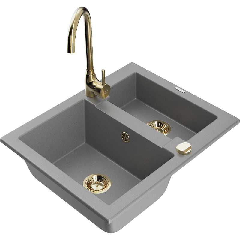 Mexen Carlos zlewozmywak granitowy 1,5-komorowy z baterią kuchenną Telma, szary - 6518-71-670200-50