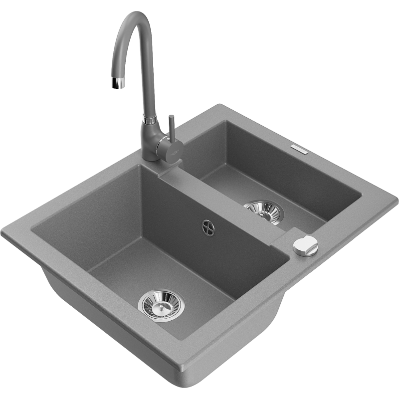 Mexen Carlos zlewozmywak granitowy 1,5-komorowy z baterią kuchenną Telma, szary - 6518-71-670200-71